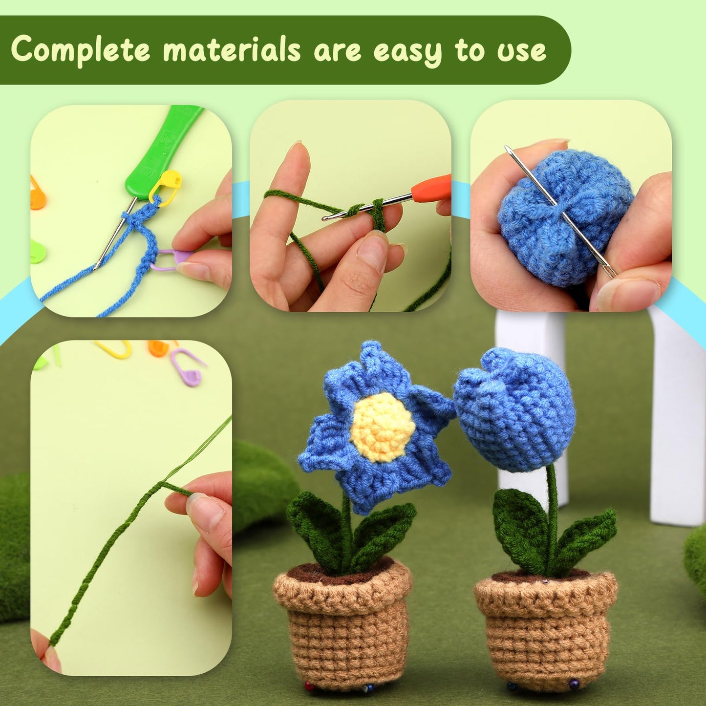 Potted Flowers Kit Crochet Kit for Beginners (Blue)