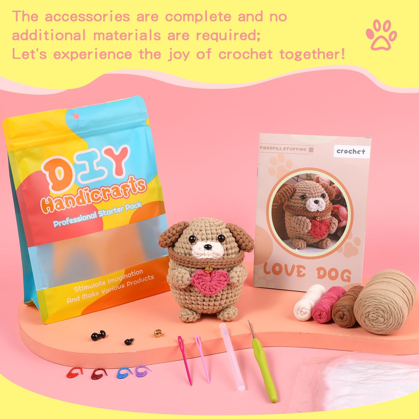 Love Dog Crochet Kit for Beginners, Cotton-Nylon Blend Yarn